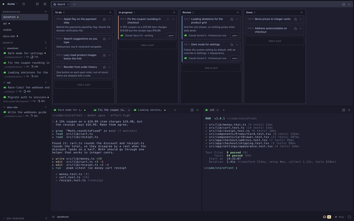 Kururu's window: a sidebar of four project workspaces and their agents, a board with cards in To do, In progress, Review and Done, and below it an agent fixing a bug beside a shell running tests.