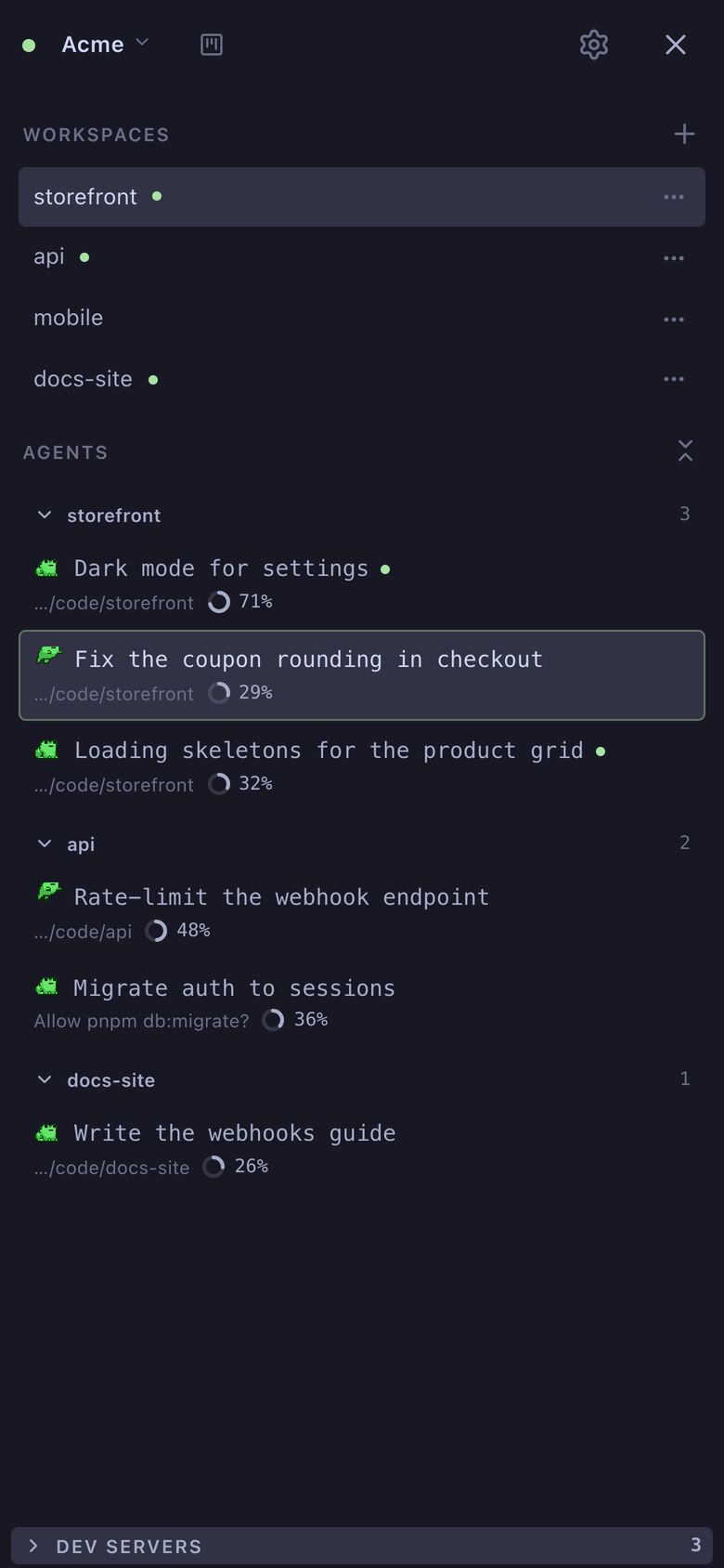 Kururu on a phone: the workspaces and every agent in them, with status and context used.